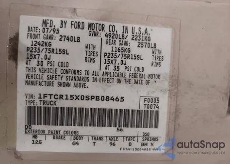 1995 Ford Ranger Super Cab z USA, uszkodzony, nr VIN 1FTCR15X0SPB08465